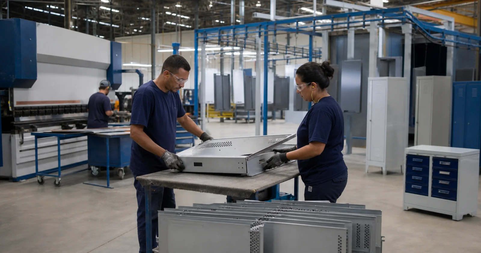 Equipe especializada trabalhando na fabricação de móveis em aço